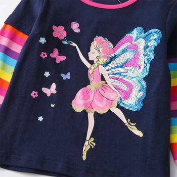 DXTON Тениска за малки момичета Есен Пролет Детски тениски с дълъг ръкав Флорални детски тениски за момичета Памучно облекло с пеперуди