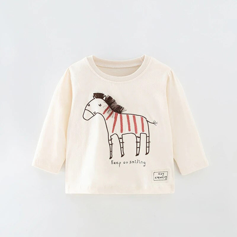 2023. aasta tüdrukute pikkade varrukatega puuvillane T-särk väikese hobusega, armsad lapsed, kevadised ja sügisesed topid 2–7-aastastele lastele