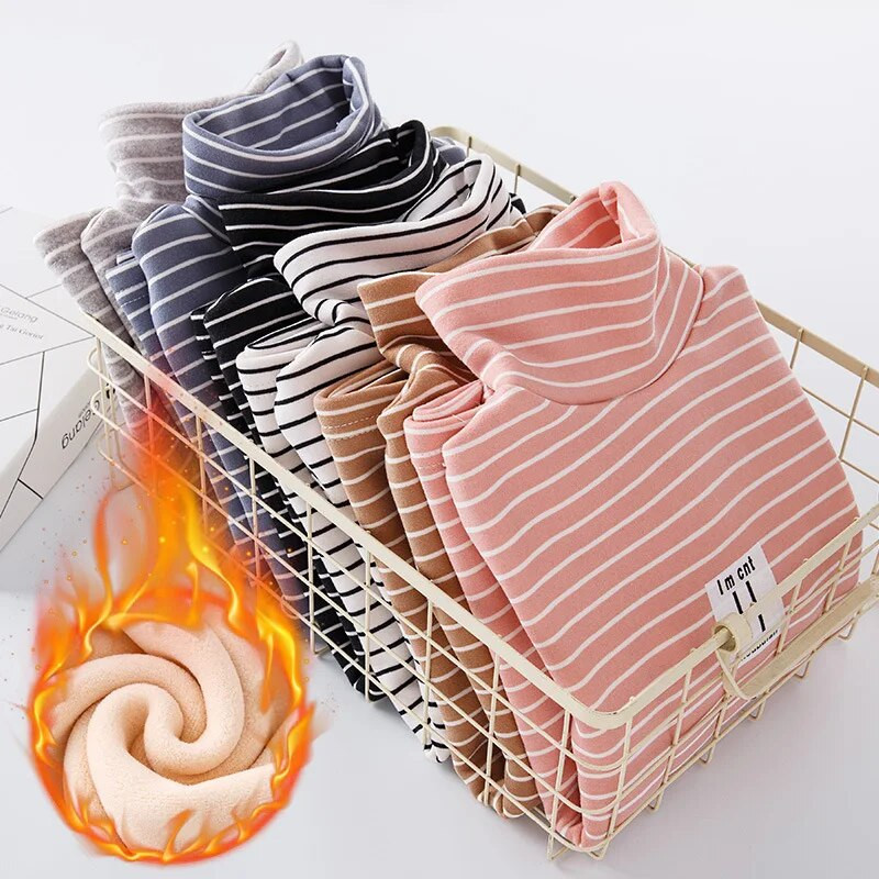 Zimska majica za dječake, prugaste majice i majice za djevojčice, plišane zadebljane dolčevite s dugim rukavima, gornje donje rublje, dječja odjeća