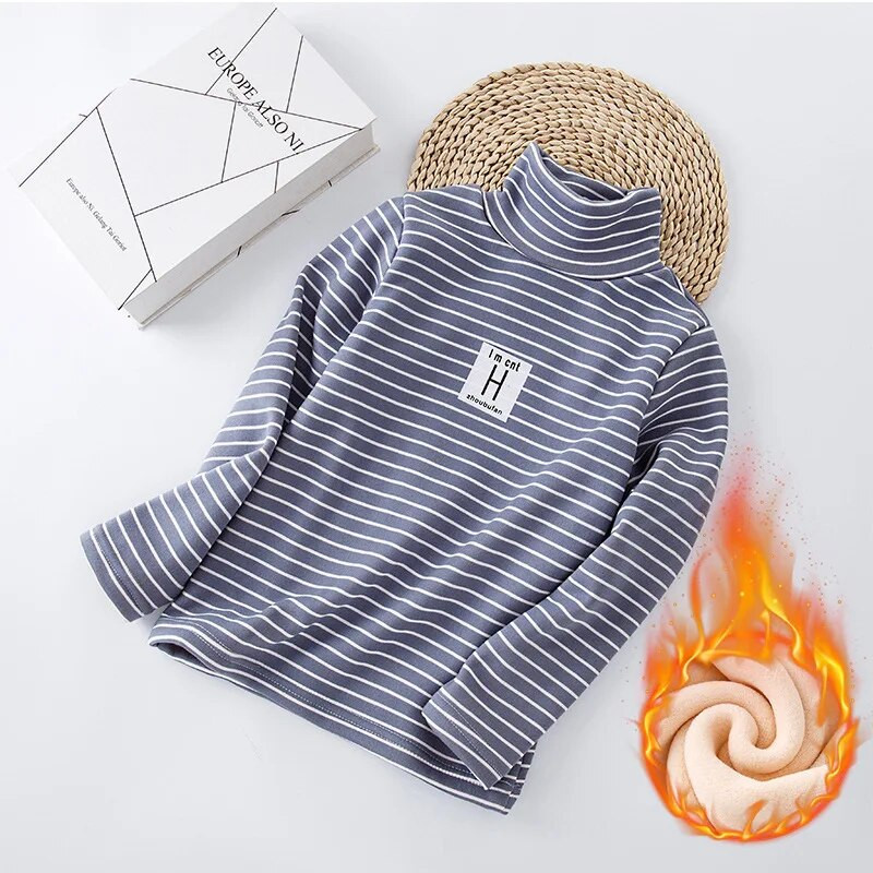 Zimska majica za dječake, prugaste majice i majice za djevojčice, plišane zadebljane dolčevite s dugim rukavima, gornje donje rublje, dječja odjeća