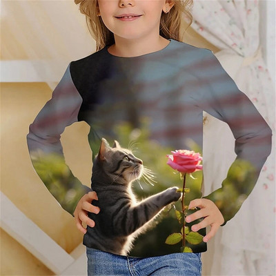 Kawail Loomad Kassi 3D Prinditud Pikad Tärgid Lastele Suvine Mood vabaaja poiss Tüdruk Unisex Ümarkaelus T-särk T-särk Tüdrukute Riided