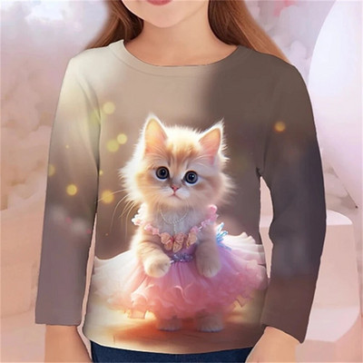 Kawail Loomad Kassi 3D Prinditud Pikad Tärgid Lastele Suvine Mood vabaaja poiss Tüdruk Unisex Ümarkaelus T-särk T-särk Tüdrukute Riided