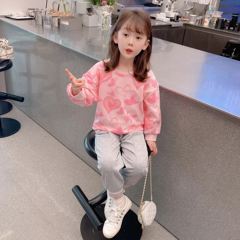 Mergaičių megztinis pavasario ir rudens meilės margintas vaikiškas megztinis 3-8 metų vaikiškas mados universalus rožinis ilgomis rankovėmis