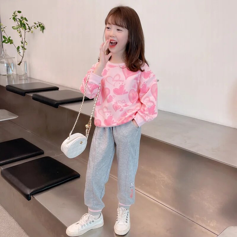 Mergaičių megztinis pavasario ir rudens meilės margintas vaikiškas megztinis 3-8 metų vaikiškas mados universalus rožinis ilgomis rankovėmis