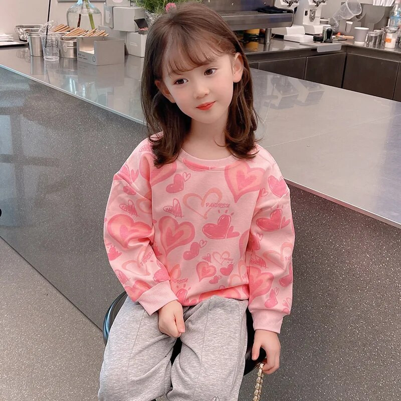 Mergaičių megztinis pavasario ir rudens meilės margintas vaikiškas megztinis 3-8 metų vaikiškas mados universalus rožinis ilgomis rankovėmis