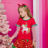 DXTON pavasara rudens bērnu meiteņu T-krekls Kokvilnas T-krekli ar garām piedurknēm bērniem, sarkani Ziemassvētku meiteņu topi 2024. gada Jaungada apģērbi