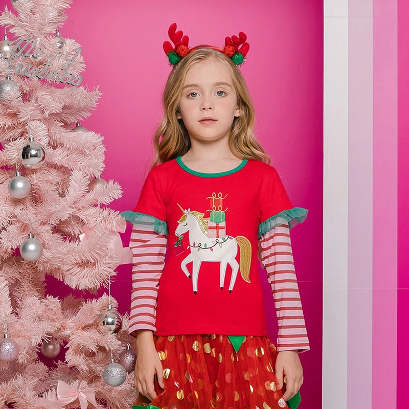DXTON pavasara rudens bērnu meiteņu T-krekls Kokvilnas T-krekli ar garām piedurknēm bērniem, sarkani Ziemassvētku meiteņu topi 2024. gada Jaungada apģērbi