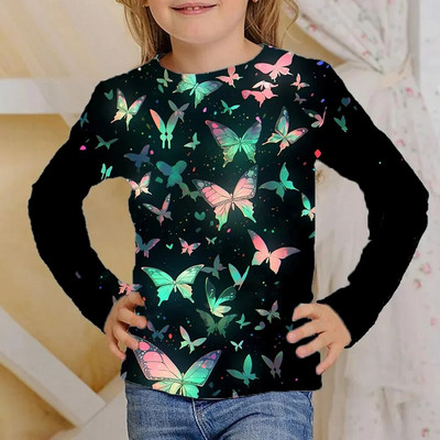 Odjeća Djevojčice od 4 do 12 godina Sjajni leptiri Crne majice dugih rukava Dječje modne jesenske majice 2023. za djecu Majice kratkih rukava