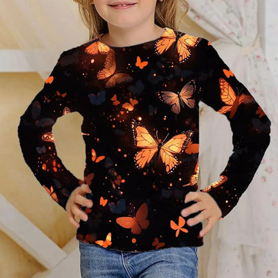 Odjeća Djevojčice od 4 do 12 godina Sjajni leptiri Crne majice dugih rukava Dječje modne jesenske majice 2023. za djecu Majice kratkih rukava