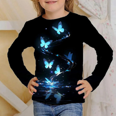 Odjeća Djevojčice od 4 do 12 godina Sjajni leptiri Crne majice dugih rukava Dječje modne jesenske majice 2023. za djecu Majice kratkih rukava