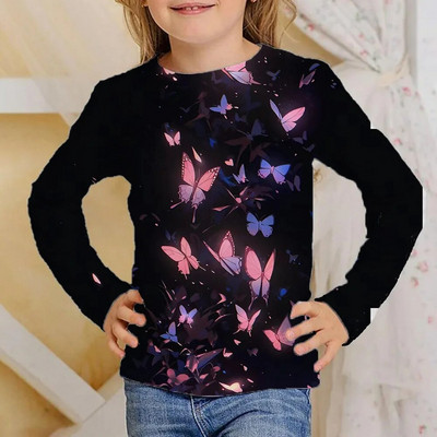 Odjeća Djevojčice od 4 do 12 godina Sjajni leptiri Crne majice dugih rukava Dječje modne jesenske majice 2023. za djecu Majice kratkih rukava
