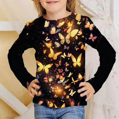 Odjeća Djevojčice od 4 do 12 godina Sjajni leptiri Crne majice dugih rukava Dječje modne jesenske majice 2023. za djecu Majice kratkih rukava