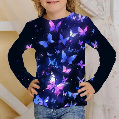 Odjeća Djevojčice od 4 do 12 godina Sjajni leptiri Crne majice dugih rukava Dječje modne jesenske majice 2023. za djecu Majice kratkih rukava