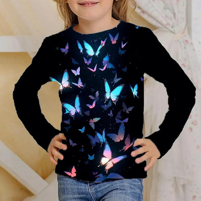 Odjeća Djevojčice od 4 do 12 godina Sjajni leptiri Crne majice dugih rukava Dječje modne jesenske majice 2023. za djecu Majice kratkih rukava