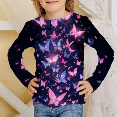 Odjeća Djevojčice od 4 do 12 godina Sjajni leptiri Crne majice dugih rukava Dječje modne jesenske majice 2023. za djecu Majice kratkih rukava