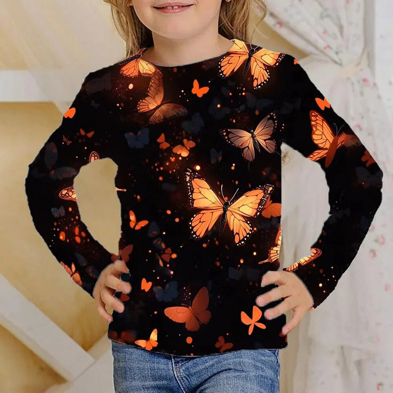 Odjeća Djevojčice od 4 do 12 godina Sjajni leptiri Crne majice dugih rukava Dječje modne jesenske majice 2023. za djecu Majice kratkih rukava