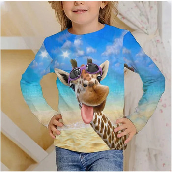 Тениска с дълъг ръкав за момичета тийнейджъри Безплатна доставка Жираф със слънчеви очила Забавен принт Есен 2023 Модни детски дрехи 18 стила