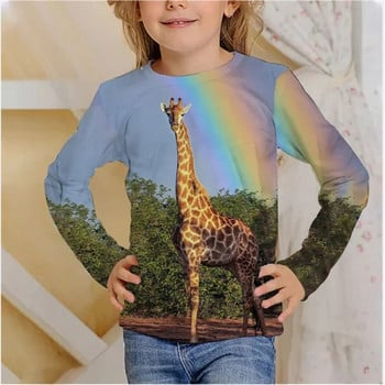 Тениска с дълъг ръкав за момичета тийнейджъри Безплатна доставка Жираф със слънчеви очила Забавен принт Есен 2023 Модни детски дрехи 18 стила