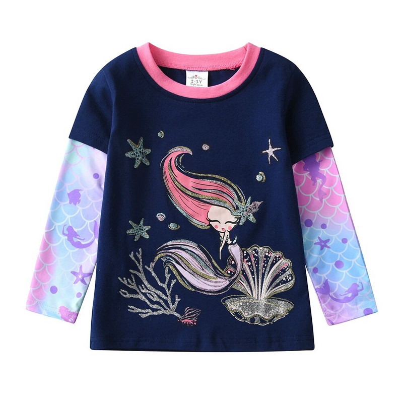 DXTON Proljetne jesenske majice kratkih rukava za djevojčice, dječje majice s printom, dječje majice s motivom sirene, pamučne majice za malu djecu 3-8 godina