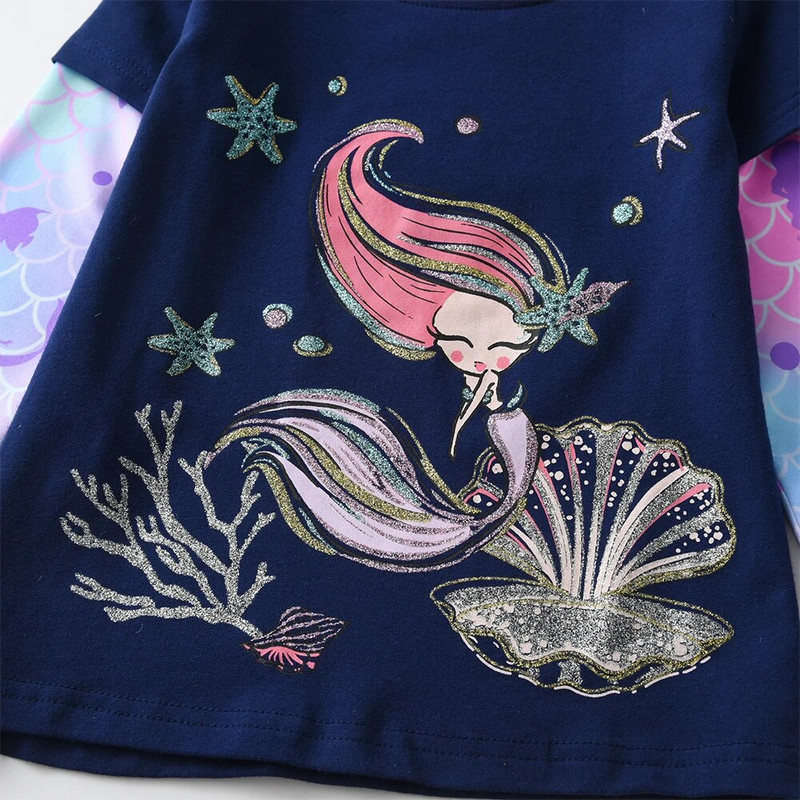 DXTON Proljetne jesenske majice kratkih rukava za djevojčice, dječje majice s printom, dječje majice s motivom sirene, pamučne majice za malu djecu 3-8 godina