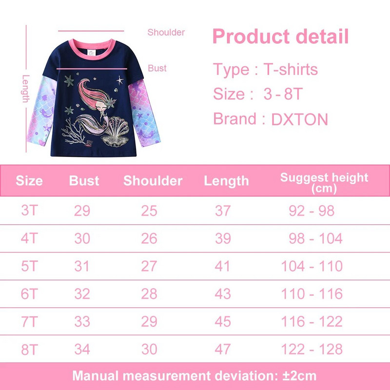 DXTON Proljetne jesenske majice kratkih rukava za djevojčice, dječje majice s printom, dječje majice s motivom sirene, pamučne majice za malu djecu 3-8 godina