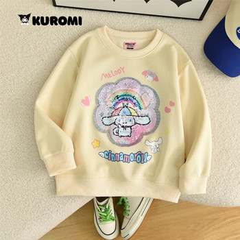Sanrioed Girl T-Shirt Kuromi Cinnamoroll Аниме Есен Пролет Памучен костюм на принцеса с пайети Детско облекло с дълги ръкави, подарък
