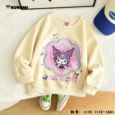 Sanrioed Girl T-Shirt Kuromi Cinnamoroll Аниме Есен Пролет Памучен костюм на принцеса с пайети Детско облекло с дълги ръкави, подарък