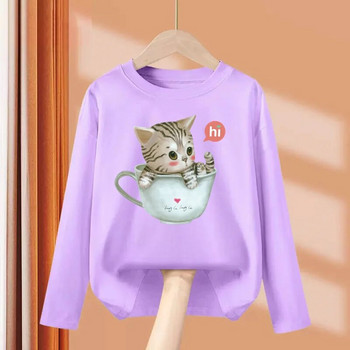 Aimi Lakana Kids Kitty Animal T-Shirt Горнища с дълги ръкави за момичета Сладки котешки дрехи Пролет Есен Памучни тениски 3T-14T