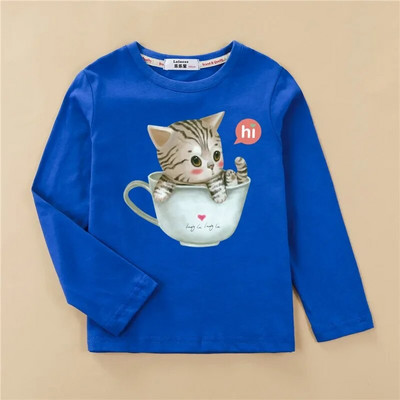 Aimi Lakana Kids Kitty Animal T-krekls meitenēm ar garām piedurknēm Topi Cute Cat Apģērbi Pavasara Rudens Kokvilnas T-krekli 3T-14T