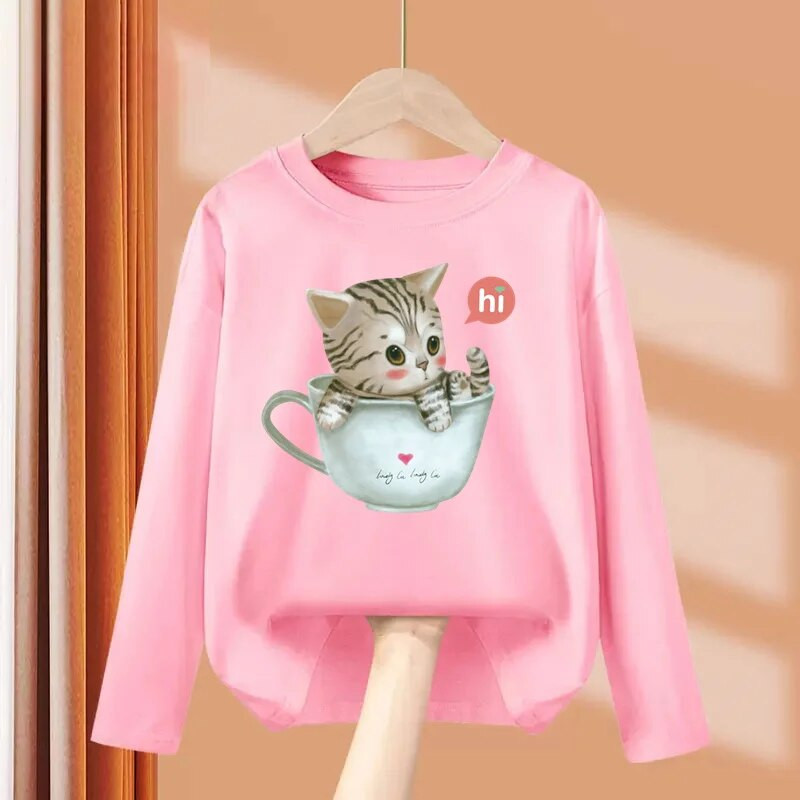Aimi Lakana Kids Kitty Animal T-krekls meitenēm ar garām piedurknēm Topi Cute Cat Apģērbi Pavasara Rudens Kokvilnas T-krekli 3T-14T