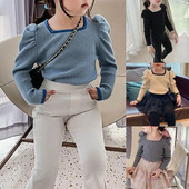 Meiteņu ribiņas ar garām piedurknēm neregulāra kakla T-krekli Krāsu bloks Pavasaris Rudens Blūzes Pulovers Tops