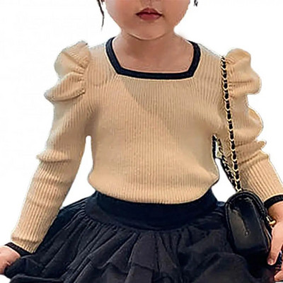 Meiteņu ribiņas ar garām piedurknēm neregulāra kakla T-krekli Krāsu bloks Pavasaris Rudens Blūzes Pulovers Tops