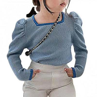 Meiteņu ribiņas ar garām piedurknēm neregulāra kakla T-krekli Krāsu bloks Pavasaris Rudens Blūzes Pulovers Tops