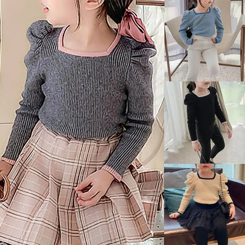 Meiteņu ribiņas ar garām piedurknēm neregulāra kakla T-krekli Krāsu bloks Pavasaris Rudens Blūzes Pulovers Tops