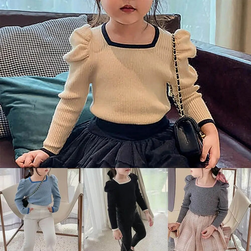 Meiteņu ribiņas ar garām piedurknēm neregulāra kakla T-krekli Krāsu bloks Pavasaris Rudens Blūzes Pulovers Tops