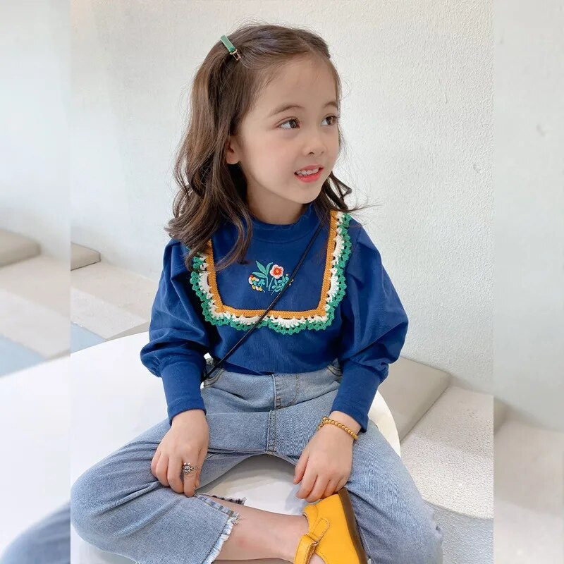 Tüdrukute T-särgid Beebi kevad-sügisriided Laste tüdrukute puuvillased pikkade varrukatega topid Laste trendikas tikandiga topp