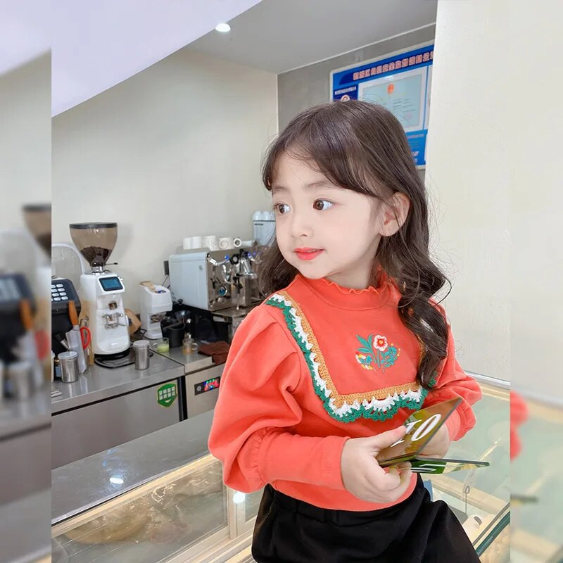 Tüdrukute T-särgid Beebi kevad-sügisriided Laste tüdrukute puuvillased pikkade varrukatega topid Laste trendikas tikandiga topp