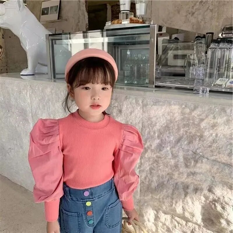 Lasterõivad Laste Puff pikkade varrukatega T-särk 2023 Kevad-sügis Uued topid Tüdrukud Mood Puuvillased T-särgid Laste T-särgid Tüdrukute topid