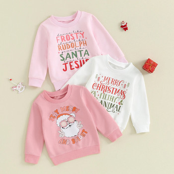 FOCUSNORM 0-4Y Прохождащи деца Момичета Коледни суичъри Връхни облекла Писма/Дядо Коледа щампа Пуловери с дълъг ръкав