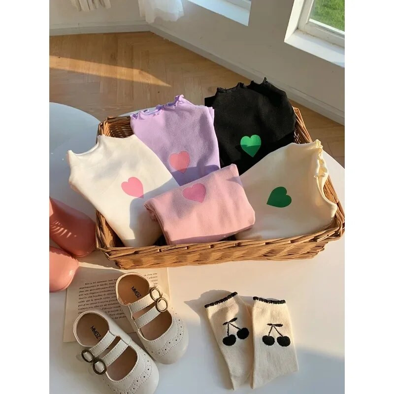 Dječja odjeća Dječja majica s kratkim rukavima Proljeće i jesen Nova donja košulja s dolčevitom Jednostavna jednobojna majica dugih rukava s ljubavnom čipkom