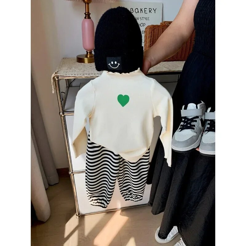 Dječja odjeća Dječja majica s kratkim rukavima Proljeće i jesen Nova donja košulja s dolčevitom Jednostavna jednobojna majica dugih rukava s ljubavnom čipkom