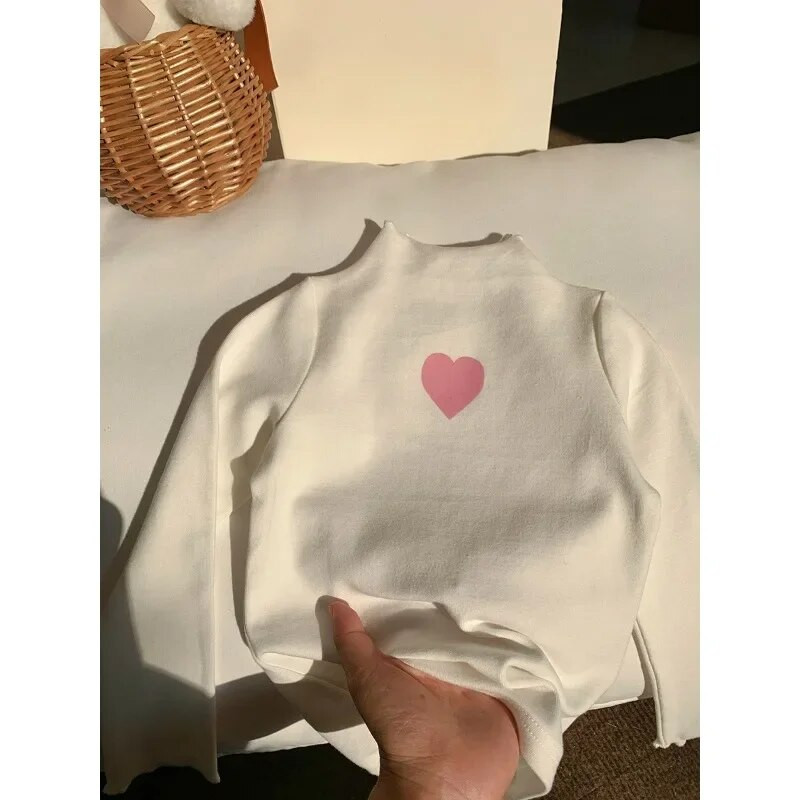 Dječja odjeća Dječja majica s kratkim rukavima Proljeće i jesen Nova donja košulja s dolčevitom Jednostavna jednobojna majica dugih rukava s ljubavnom čipkom