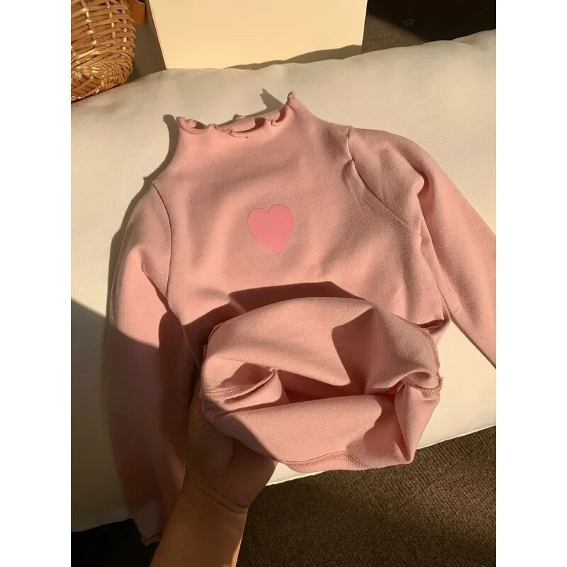 Dječja odjeća Dječja majica s kratkim rukavima Proljeće i jesen Nova donja košulja s dolčevitom Jednostavna jednobojna majica dugih rukava s ljubavnom čipkom