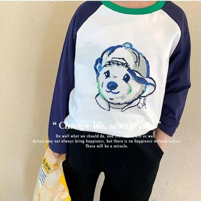 2023 Kids Uus puuvillane pikkade varrukatega trükitud T-särk poistele tüdrukutele armsad multikad Laste ühevärvilised pehmed vabaaja pikkade varrukatega topid