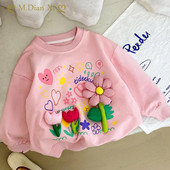 Kolmemõõtmeline väikese lillega ümarkaelusega T-särk 2023. aasta sügise uus Korea armas multikas lilletüdruku pikkade varrukatega T-särk