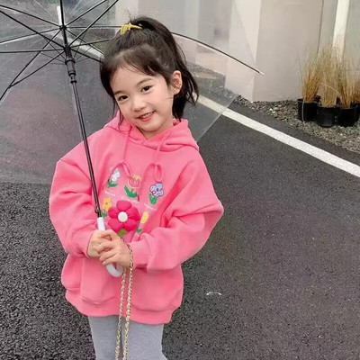 Kolmemõõtmeline väikese lillega ümarkaelusega T-särk 2023. aasta sügise uus Korea armas multikas lilletüdruku pikkade varrukatega T-särk