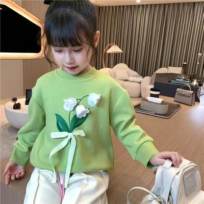 Kolmemõõtmeline väikese lillega ümarkaelusega T-särk 2023. aasta sügise uus Korea armas multikas lilletüdruku pikkade varrukatega T-särk