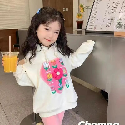 Kolmemõõtmeline väikese lillega ümarkaelusega T-särk 2023. aasta sügise uus Korea armas multikas lilletüdruku pikkade varrukatega T-särk