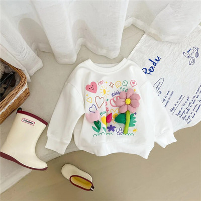 Kolmemõõtmeline väikese lillega ümarkaelusega T-särk 2023. aasta sügise uus Korea armas multikas lilletüdruku pikkade varrukatega T-särk