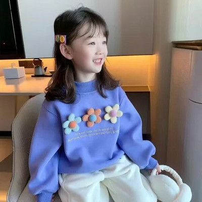 Kolmemõõtmeline väikese lillega ümarkaelusega T-särk 2023. aasta sügise uus Korea armas multikas lilletüdruku pikkade varrukatega T-särk